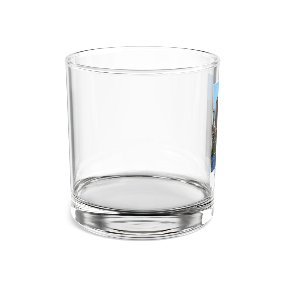 Illustrated View of Boston, Massachusetts, from the Charles River in Boston and Cambridge on rocks glass