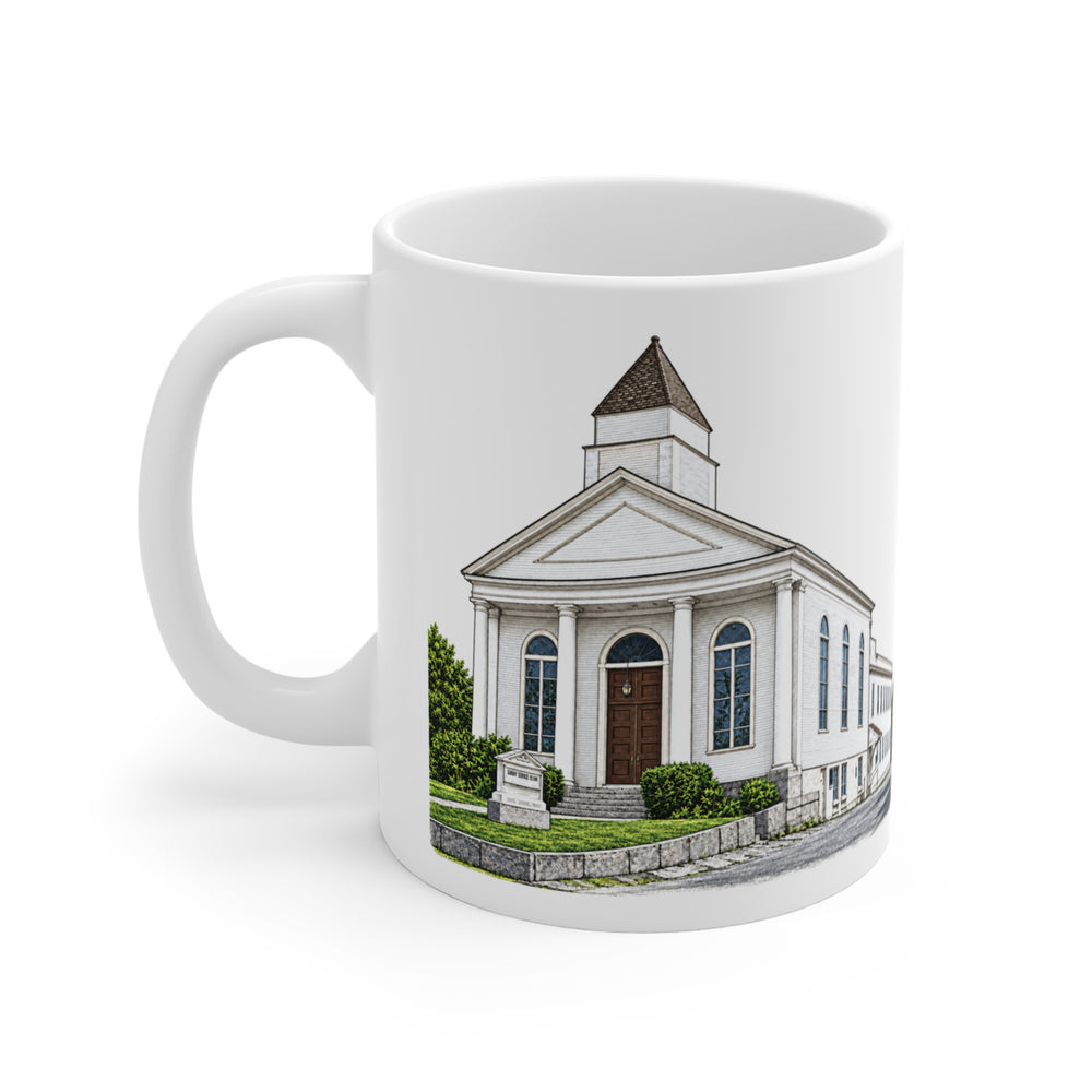 Millbury Federated Church / First Presbyterian Meeting House 11 oz ceramic mug — artwork view, handle left — Familiar History