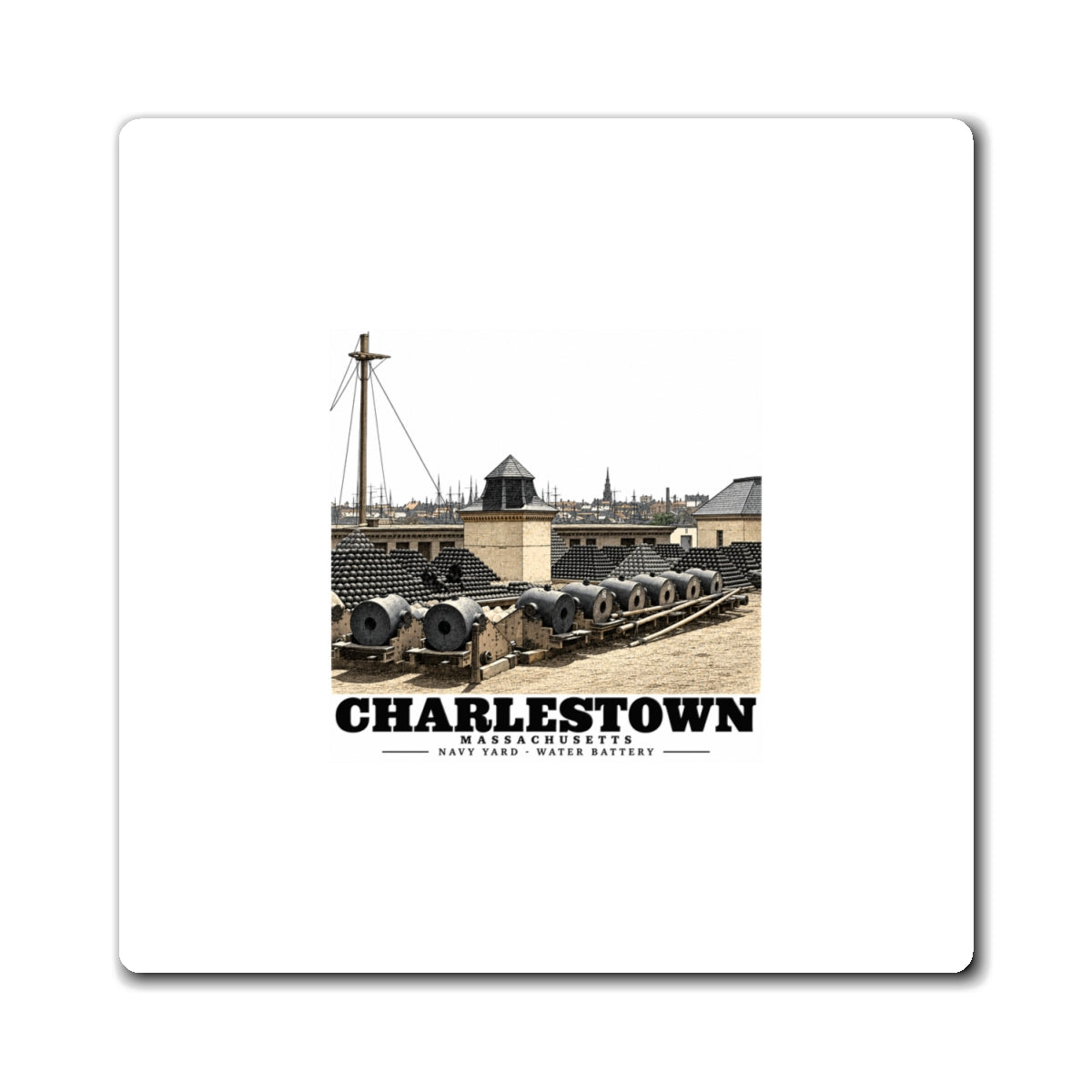 Front of white 4 inch square magnet with Water Battery artwork and Charlestown lettering