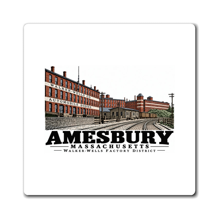 Front of Walker-Wells Factory District square vinyl magnet, Amesbury, Massachusetts.