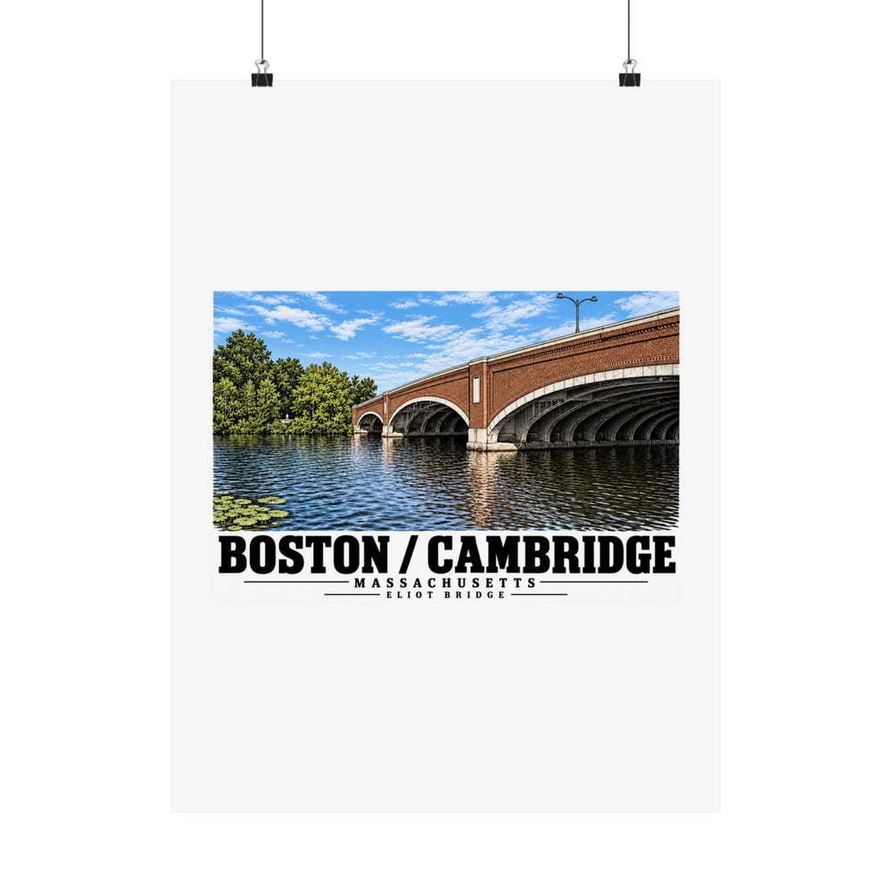 Eliot Bridge close red brick arch view poster with Boston/Cambridge lettering hanging from two binder clips