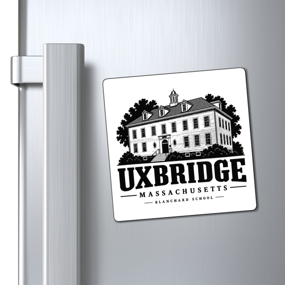 Uxbridge Blanchard School 4-inch magnet displayed on a refrigerator