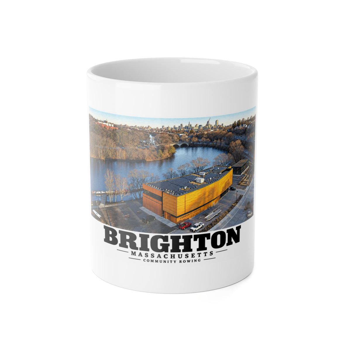 White mug showing Community Rowing aerial building and river artwork and Brighton lettering