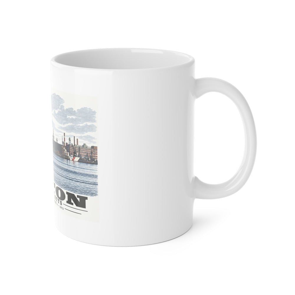 White mug with handle at right and part of the Commercial Wharf waterfront buildings, twin chimneys and harbor water print at left