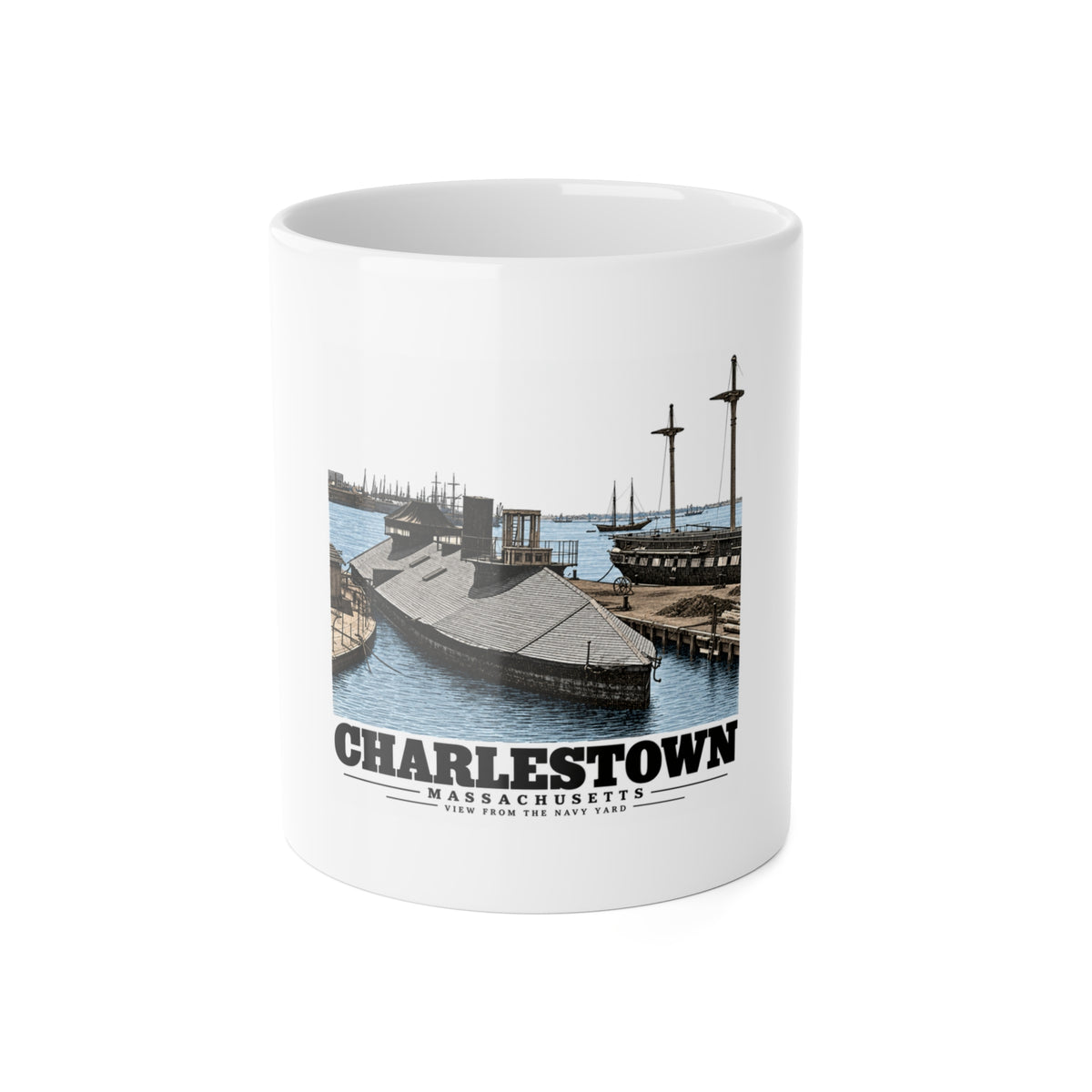 Front of white 11 oz ceramic mug with Navy Yard waterfront artwork and Charlestown lettering