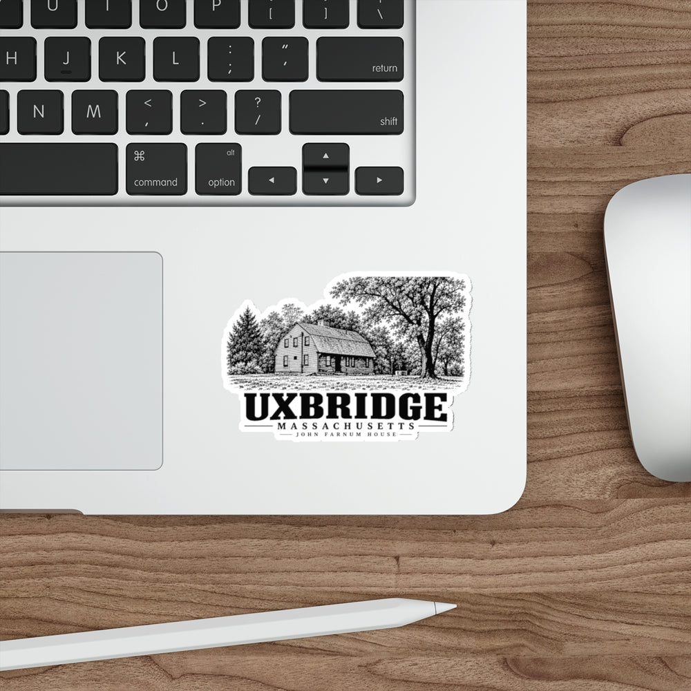 Uxbridge John Farnum House die-cut sticker applied to a laptop