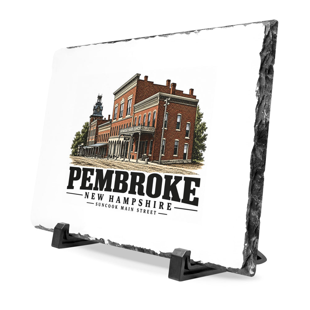 Illustrated Main Street clocktower commercial streetscape in Pembroke on slate desk plaque