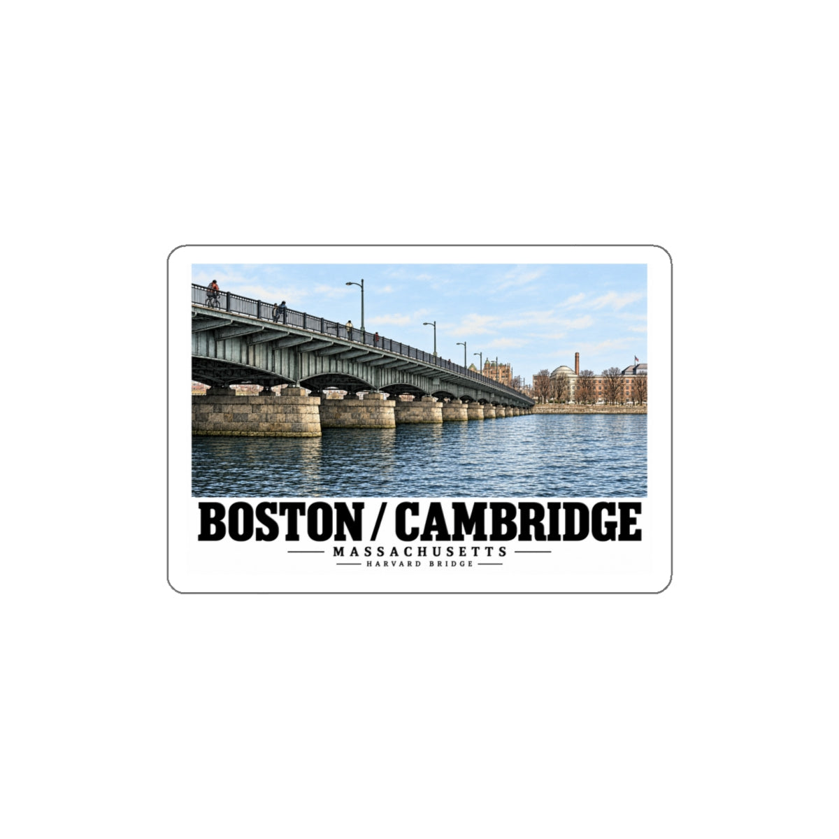 White-bordered sticker showing Harvard Bridge spanning the river toward distant buildings with Boston/Cambridge lettering