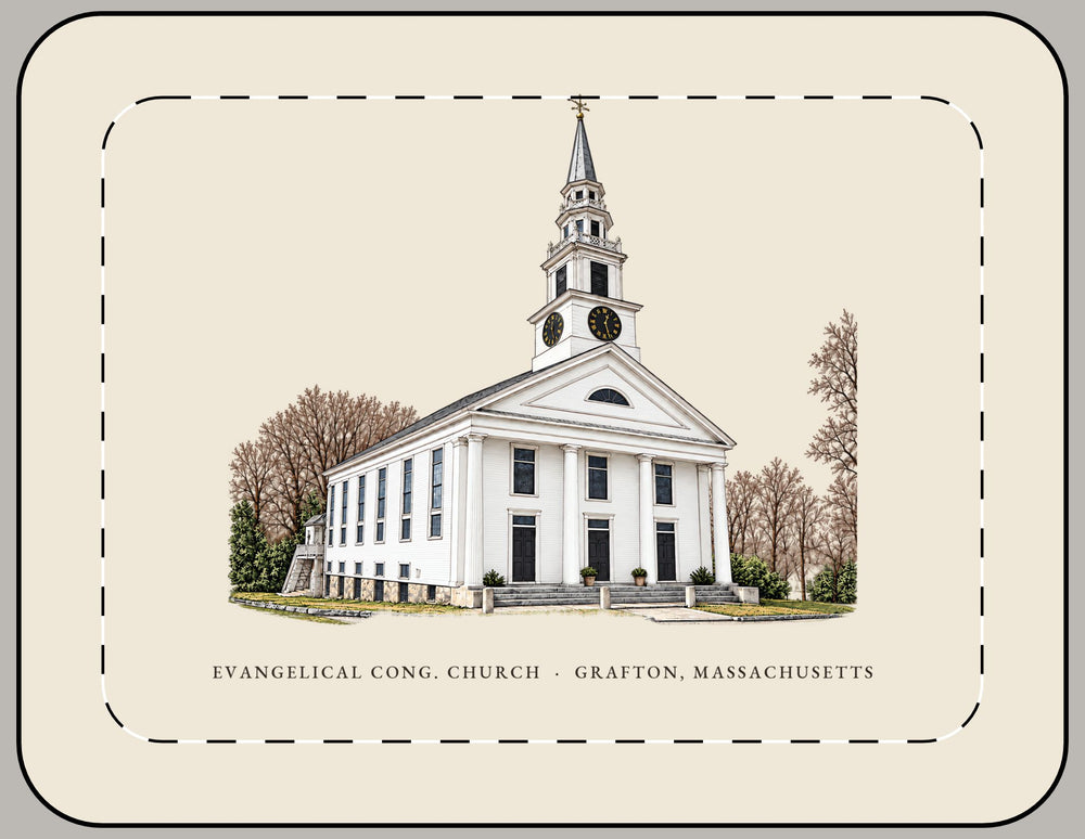 Grafton Evangelical Congregational Church 15-inch laptop sleeve mockup showing the full illustrated print