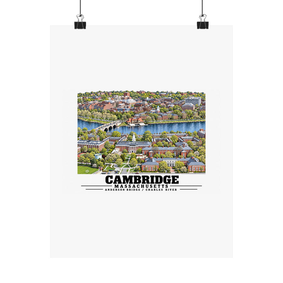 Hanging poster with a Cambridge and Charles River aerial view and Cambridge lettering.