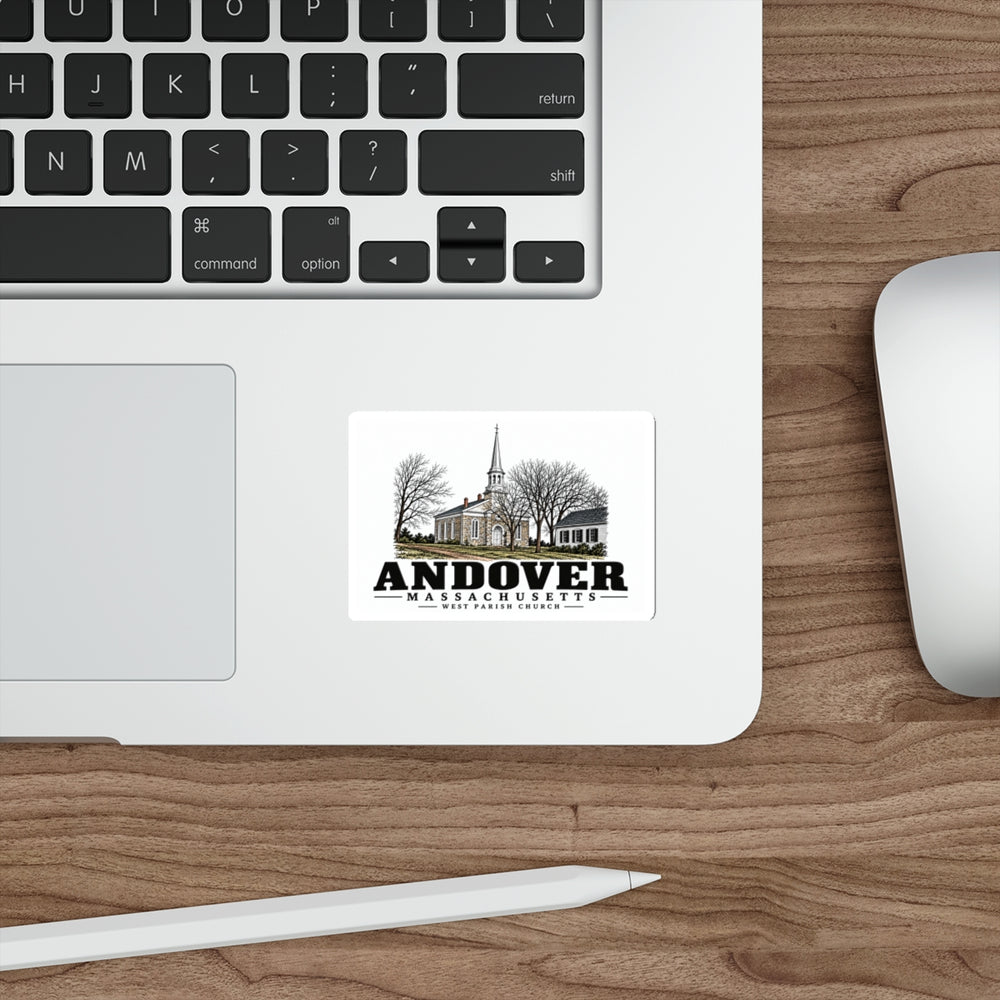 Laptop display of West Parish Church white die-cut sticker, with Andover, Massachusetts artwork and lettering.