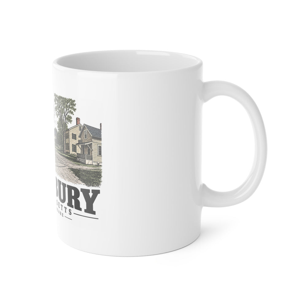 Right-handle side view of Salisbury Square white ceramic mug, Salisbury, Massachusetts.