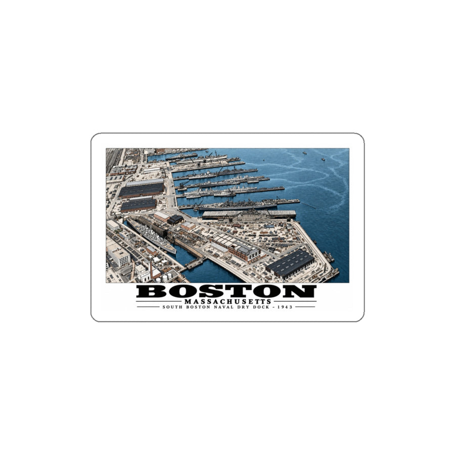 Aerial view of US Naval Dry Dock-BB-61 USS IOWA in dry dock #3-USS BUNKER HILL at East Jetty-AP-21 USS WAKEFIELD at pier 4 in White Die-Cut Sticker - Boston Harbor