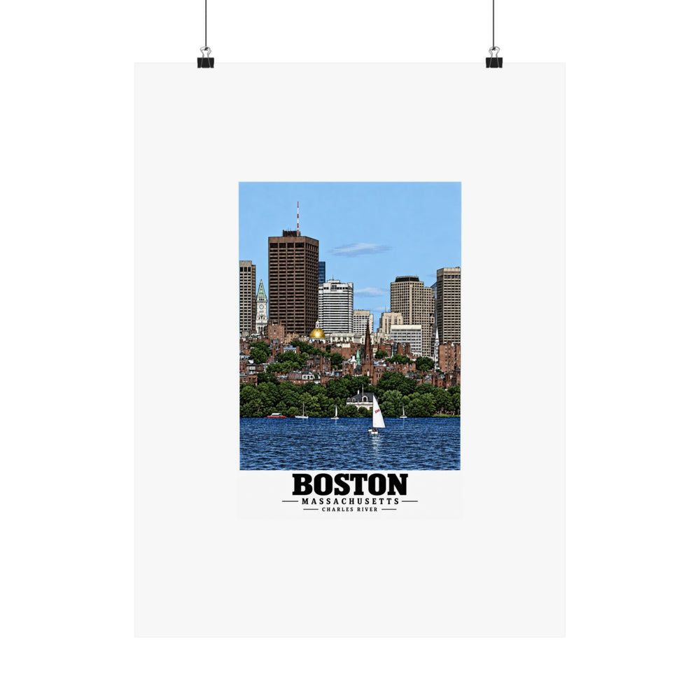 Hanging poster showing the Boston skyline across the Charles River, with Boston lettering.