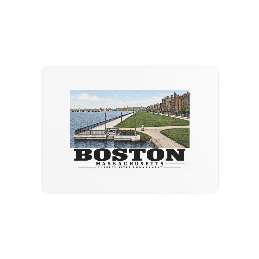 Metal wall print showing Charles River Embankment riverside path, lawn and buildings artwork and Boston lettering