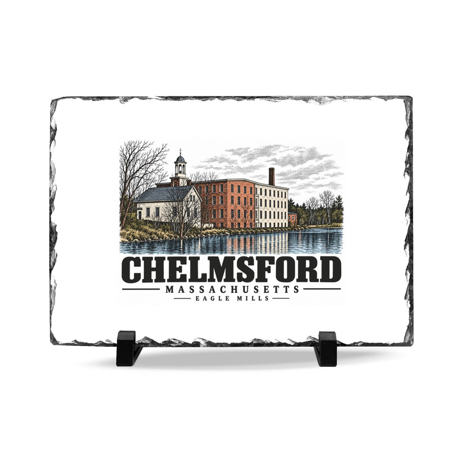 Front on display stands of Eagle Mills slate desk plaque, with Chelmsford, Massachusetts artwork and lettering.