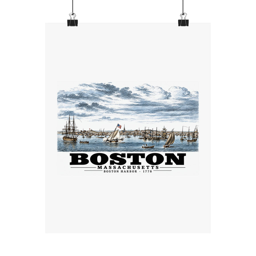 Boston Harbor waterfront scene with sailing ships poster with Boston lettering hanging from two binder clips