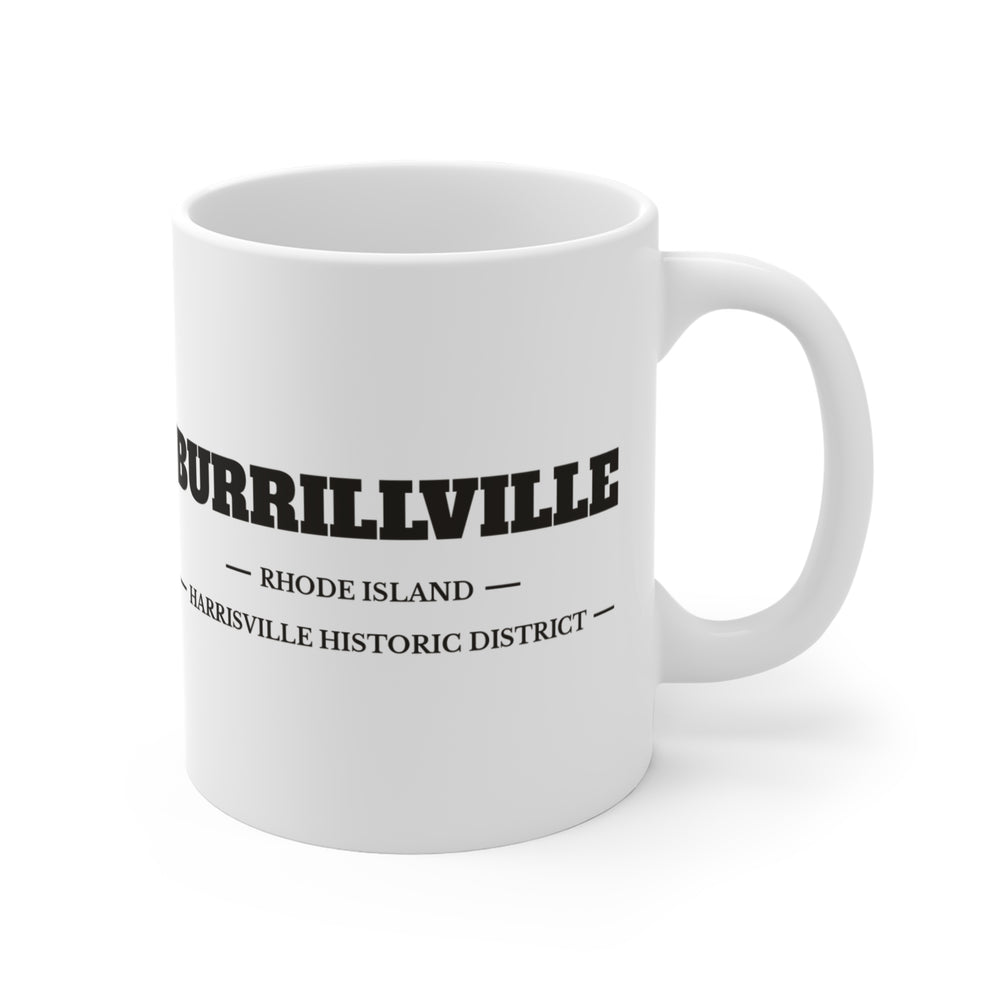 Burrillville Harrisville Historic District 11 oz ceramic mug — lifestyle view — Familiar History