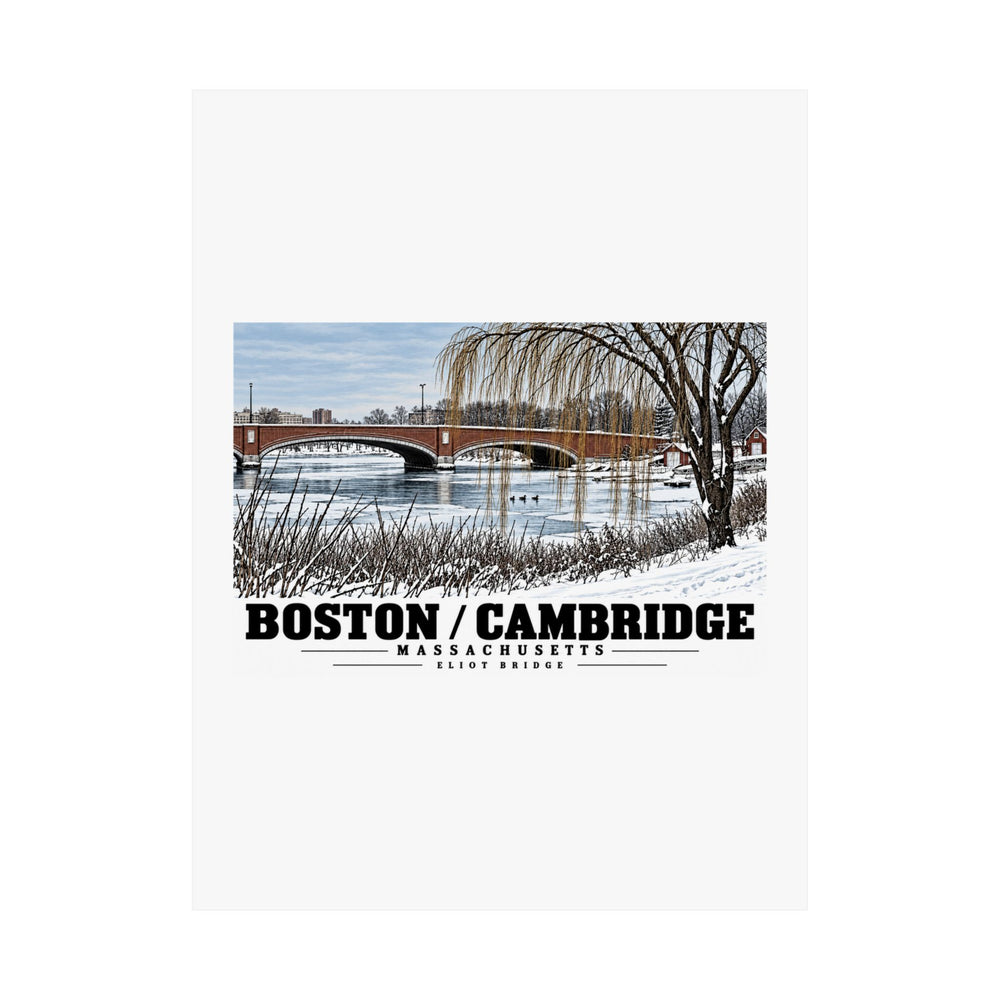 Flat Eliot Bridge winter river view with snow and bare trees poster with Boston/Cambridge lettering