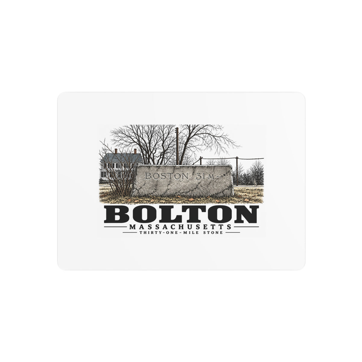 Illustrated Thirty-One-Mile Stone in Bolton on metal art sign