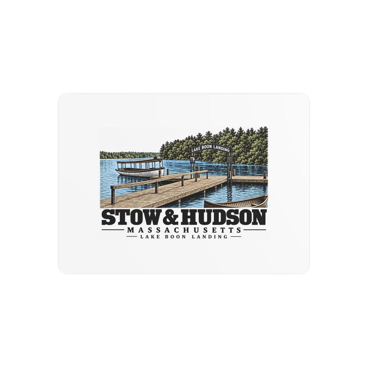 Illustrated Lake Boon Landing in Stow and Hudson on metal art sign
