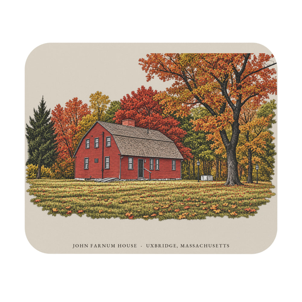 Uxbridge John Farnum House mouse pad mockup showing the full illustrated print