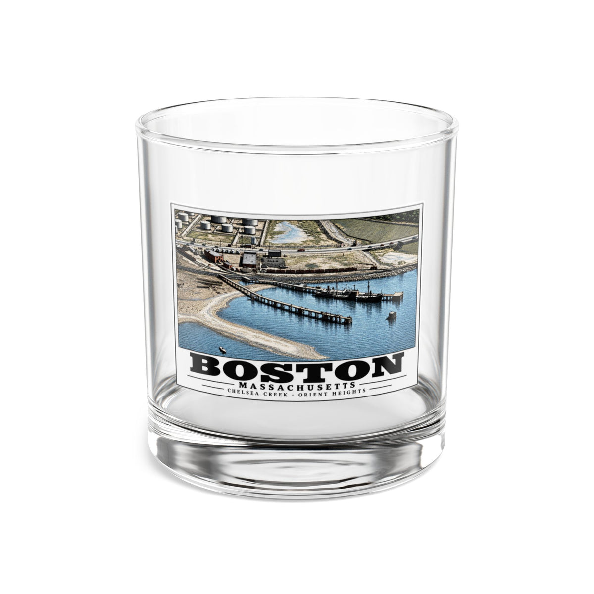 Orient Heights taken at 600 feet-Shore line, Chelsea Creek, East Boston 10 oz Rocks Glass - Boston Harbor