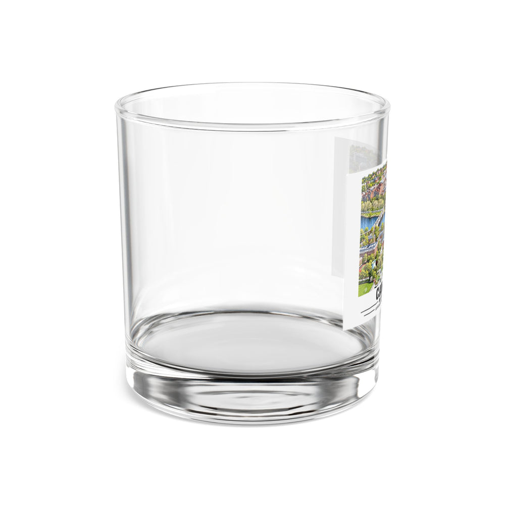 Side view of a clear rocks glass with part of the Cambridge design visible on the right.