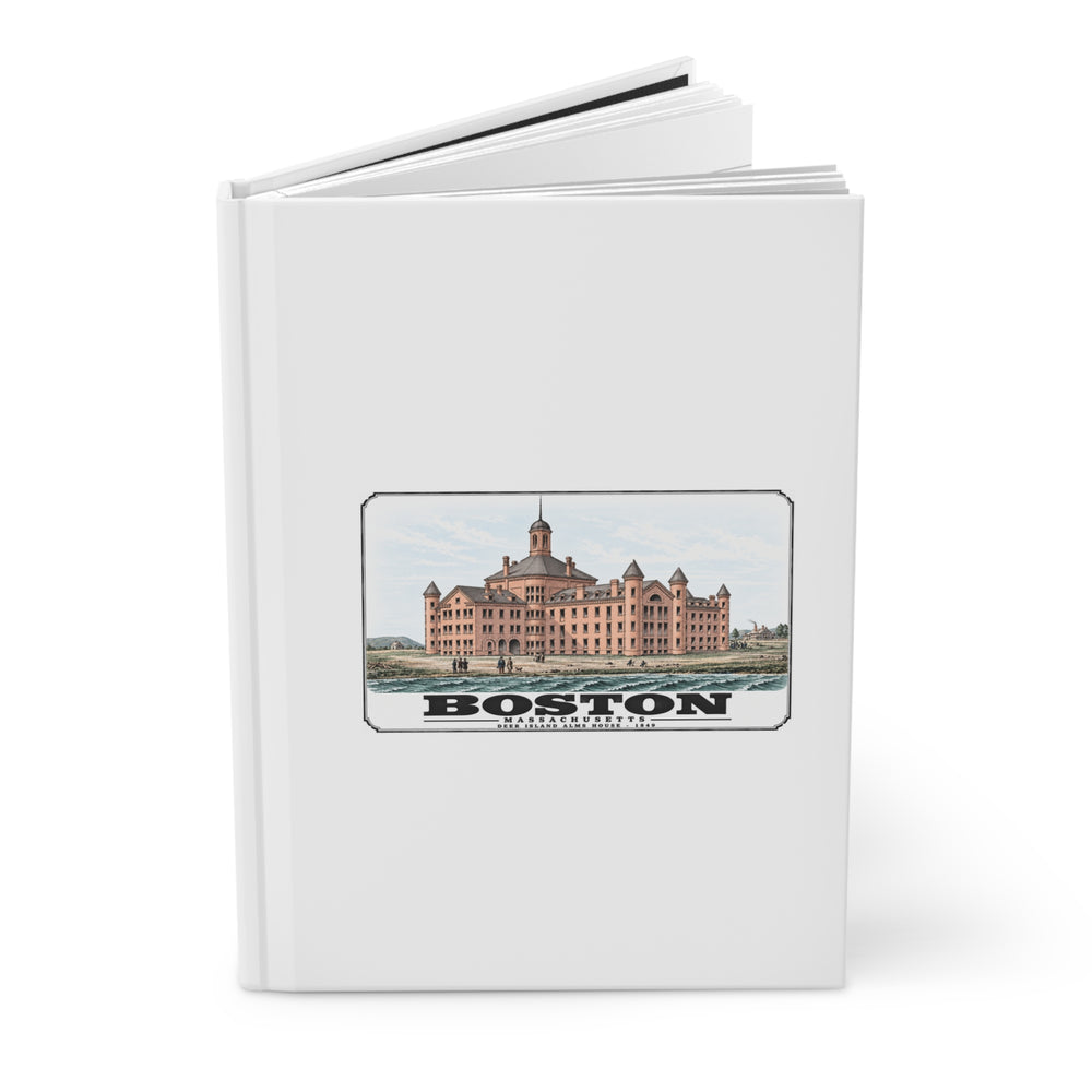 Partly opened white hardcover journal showing large symmetrical alms house building, grounds and figures artwork on the front