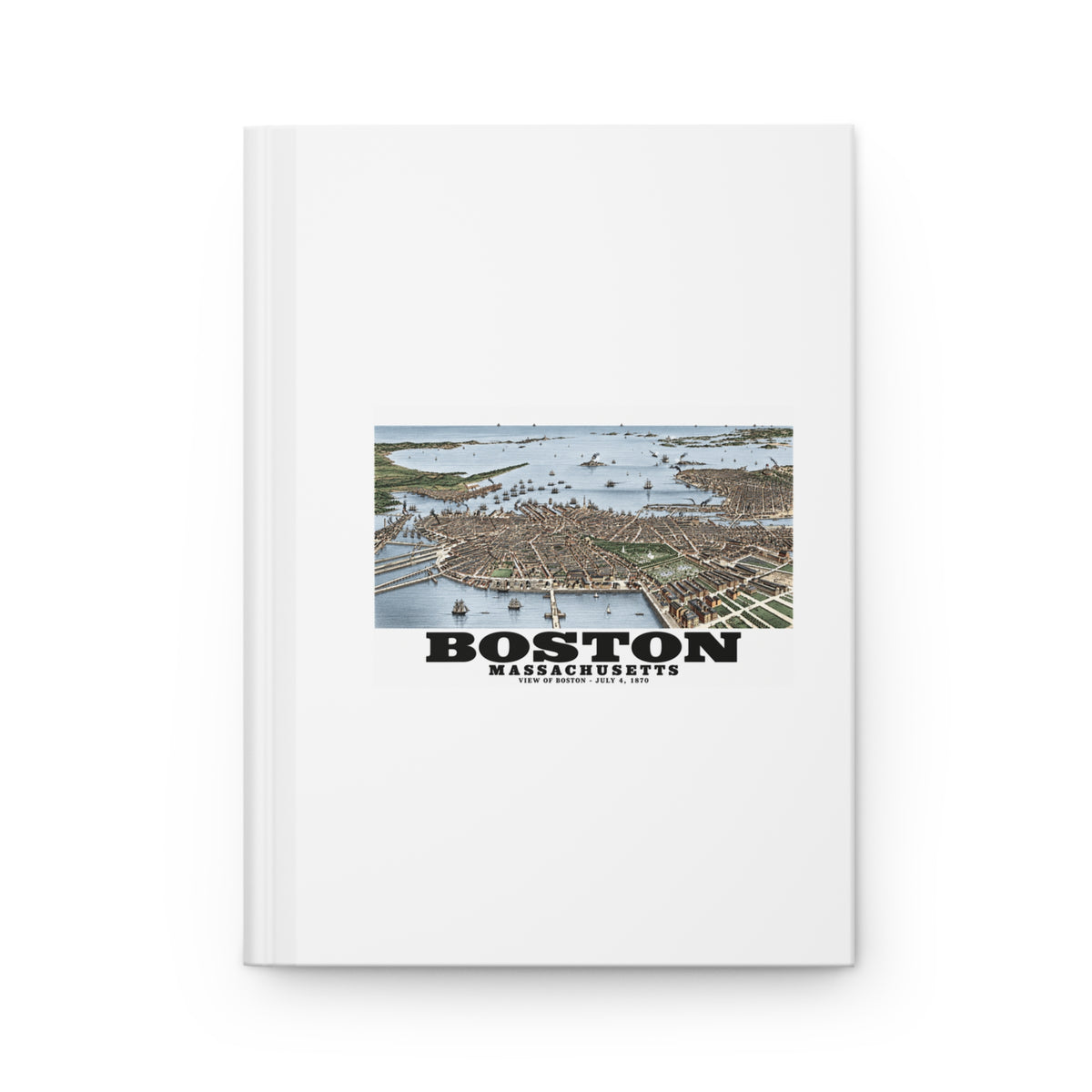 White hardcover journal with historic Boston harbor panorama with boats and waterfront buildings artwork and Boston lettering