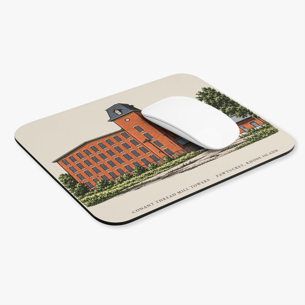 Pawtucket Conant Thread Mill Towers, Pawtucket Side mouse pad mockup showing the full illustrated print