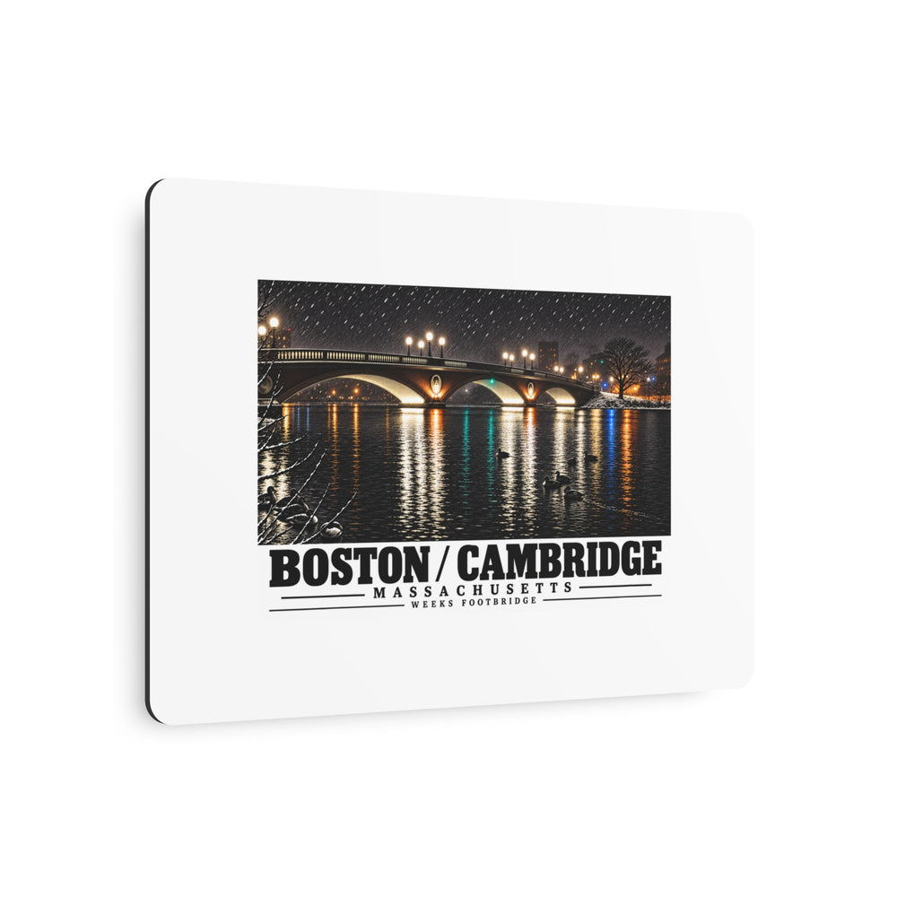 Angled view of Weeks Footbridge illuminated night view with water reflections metal print with its dark edge visible