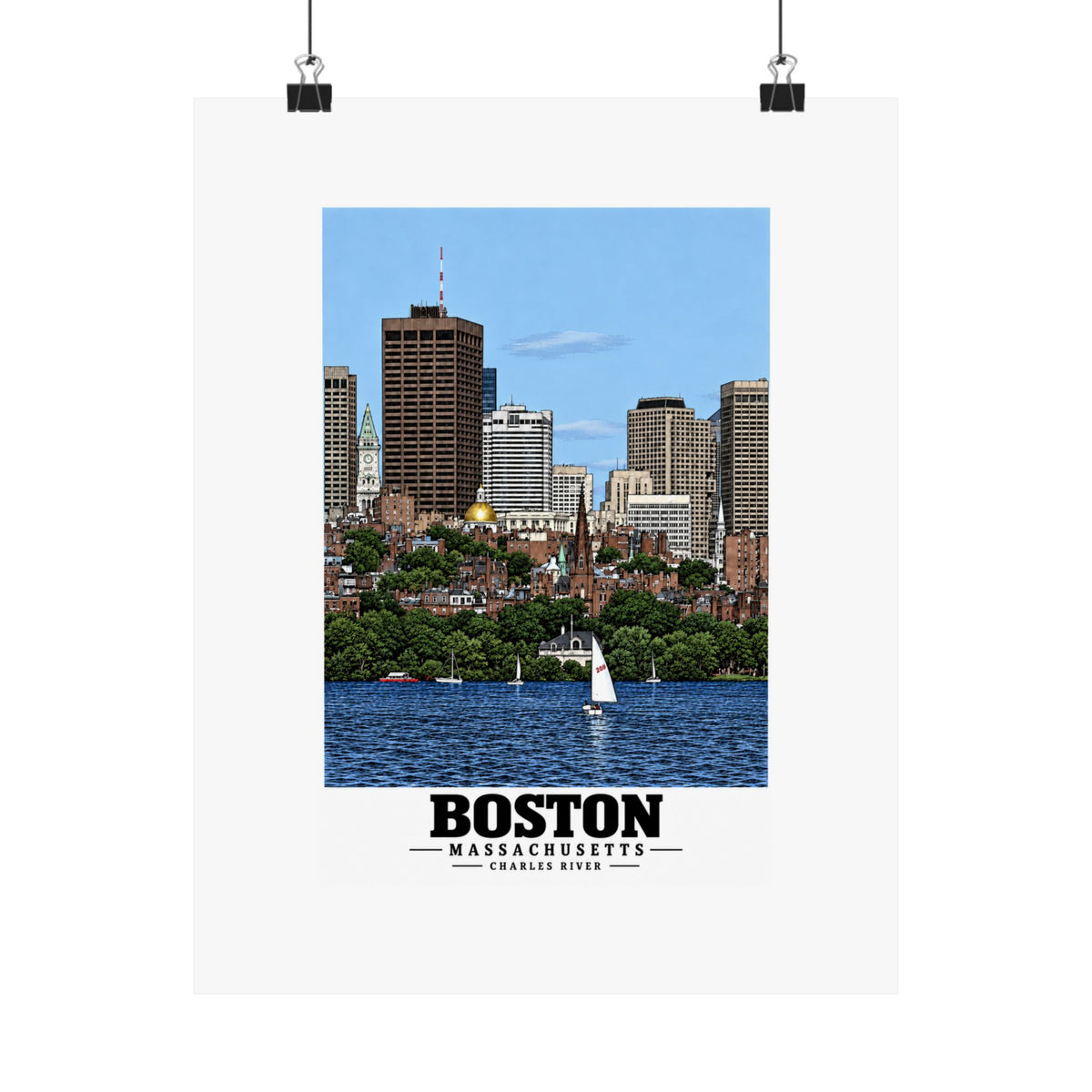 Hanging poster showing the Boston skyline across the Charles River, with Boston lettering.