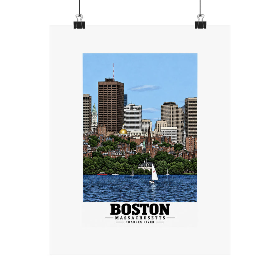 Hanging poster showing the Boston skyline across the Charles River, with Boston lettering.