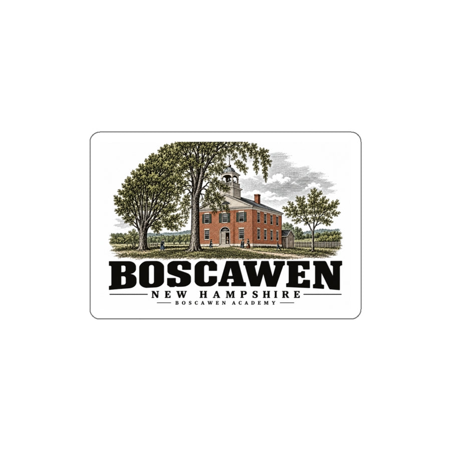 Front of Boscawen Academy white die-cut sticker, with Boscawen, New Hampshire artwork and lettering.
