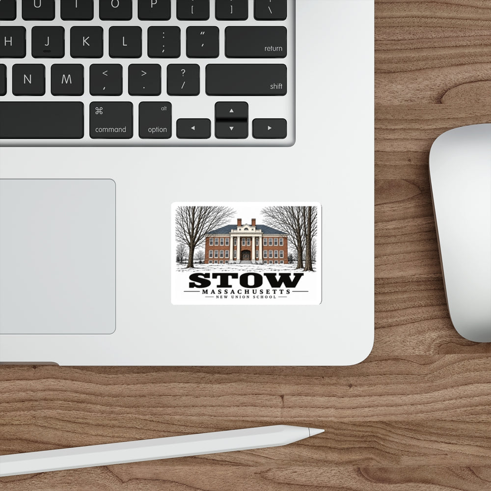 Illustrated New Union School in Stow on die-cut sticker