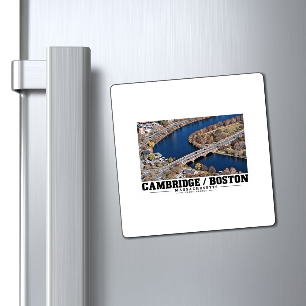 Eliot Bridge aerial river view magnet on a refrigerator beside its handle