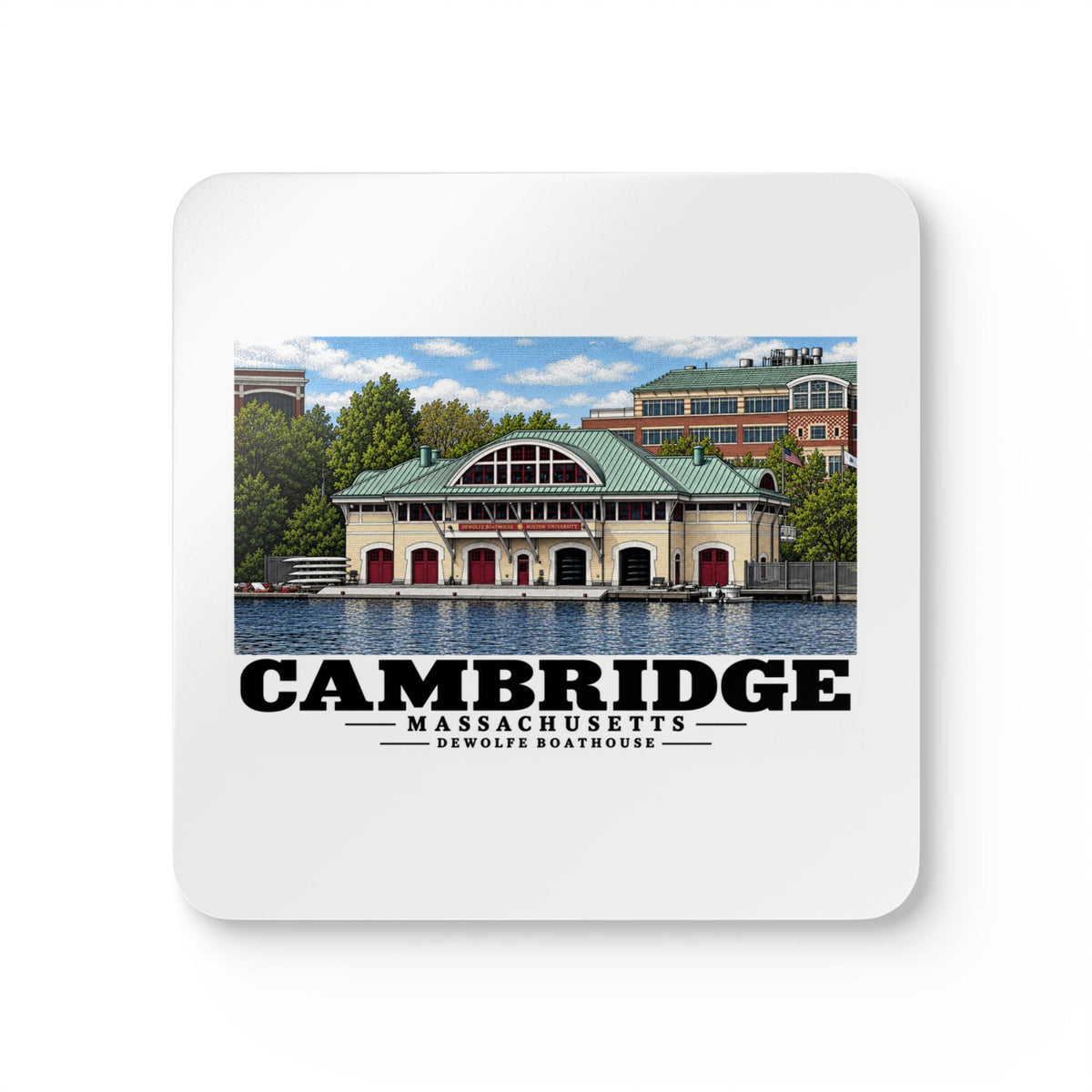Front view of a cork-backed coaster with Cambridge DeWolfe Boathouse artwork.