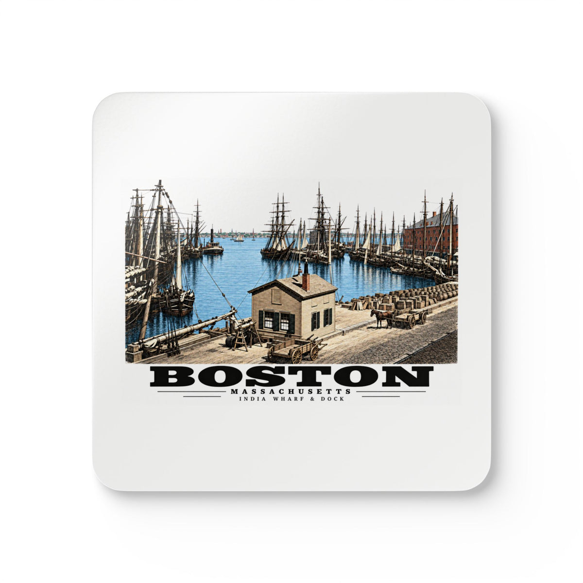 India Wharf and dock, Boston Cork Back Coaster Set - Boston Harbor