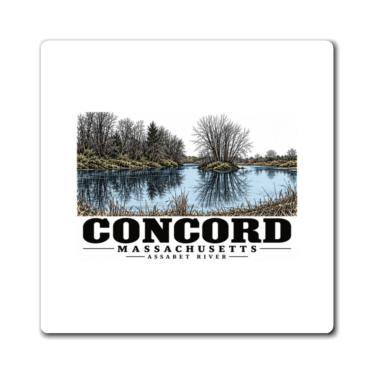 Illustrated Assabet River in Concord on square magnet