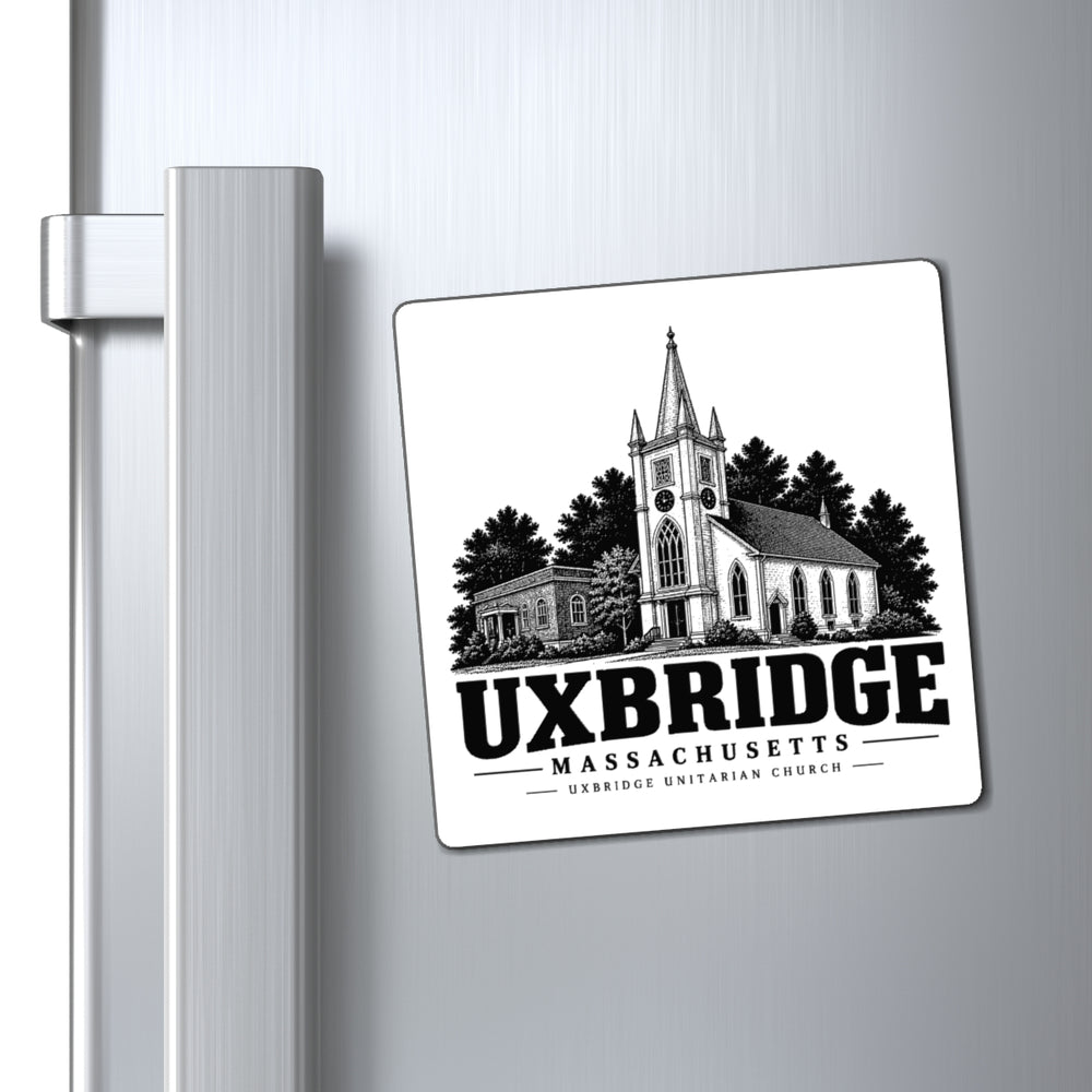 Uxbridge Unitarian Church 4-inch magnet displayed on a refrigerator