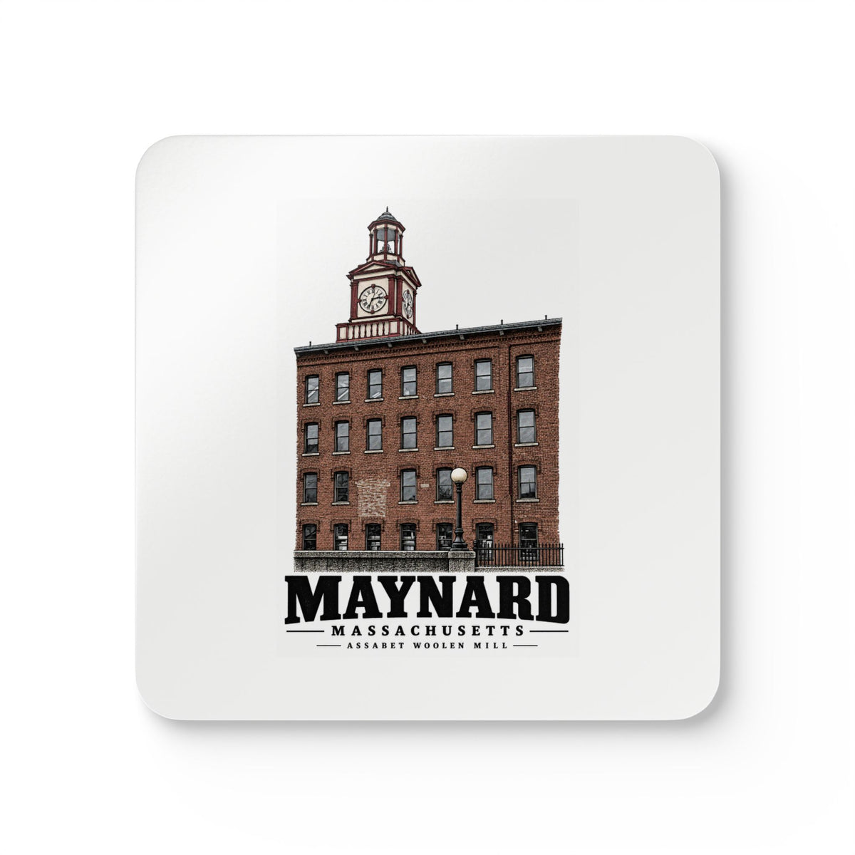 Illustrated Assabet Woolen Mill in Maynard on corkwood coaster set