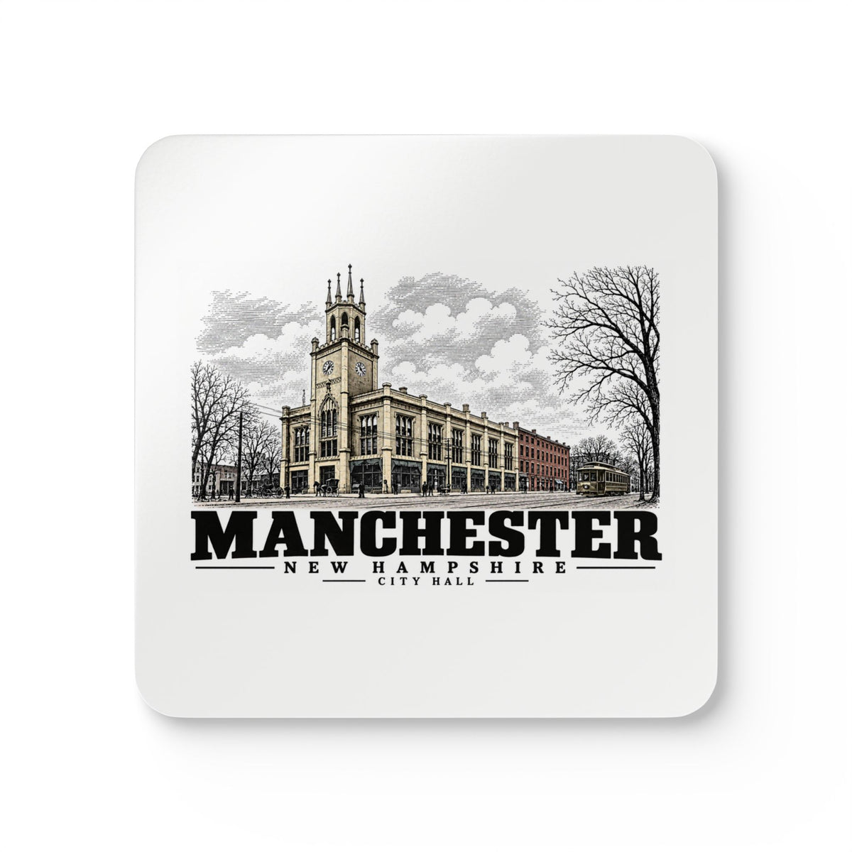 Front of City Hall square cork-backed coaster set, Manchester, New Hampshire.