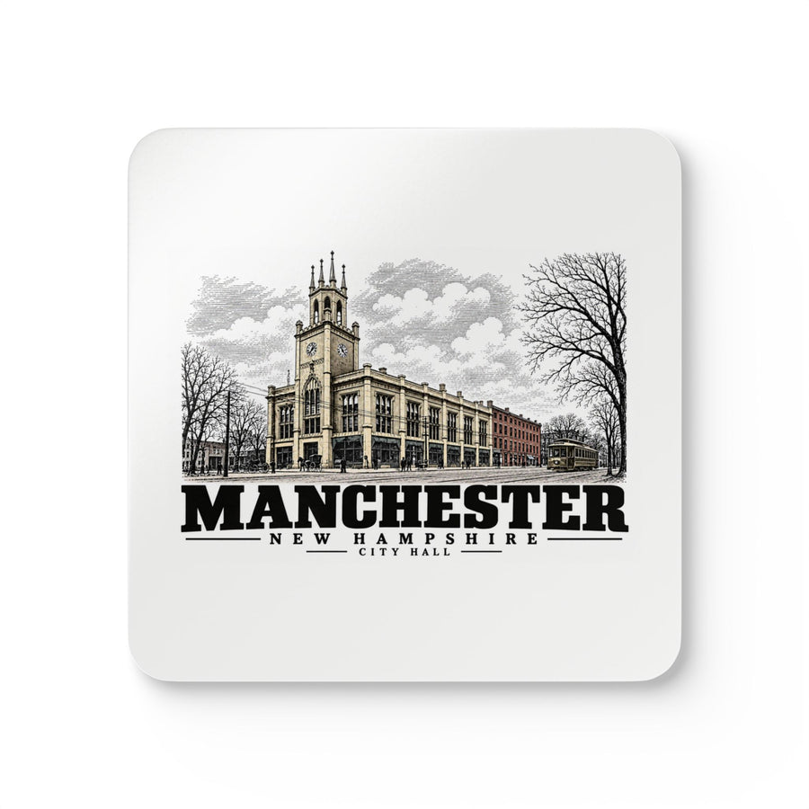 Front of City Hall square cork-backed coaster set, Manchester, New Hampshire.