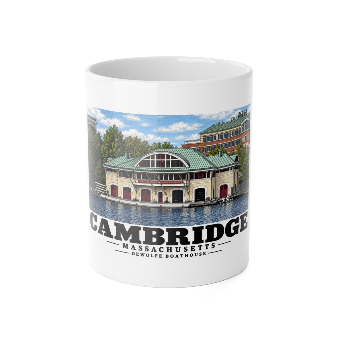 Front view of the white ceramic mug with Cambridge DeWolfe Boathouse artwork.