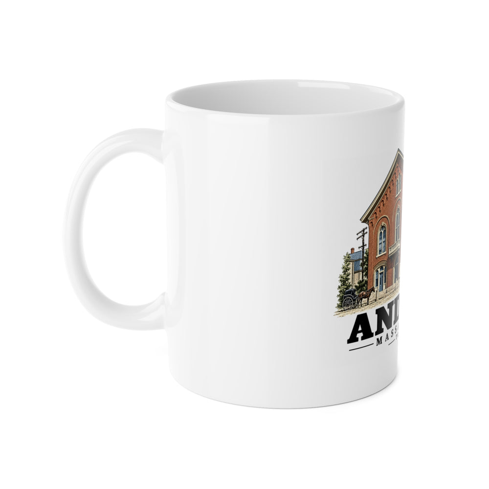 Left-handle side view of Town Hall white ceramic mug, Andover, Massachusetts.