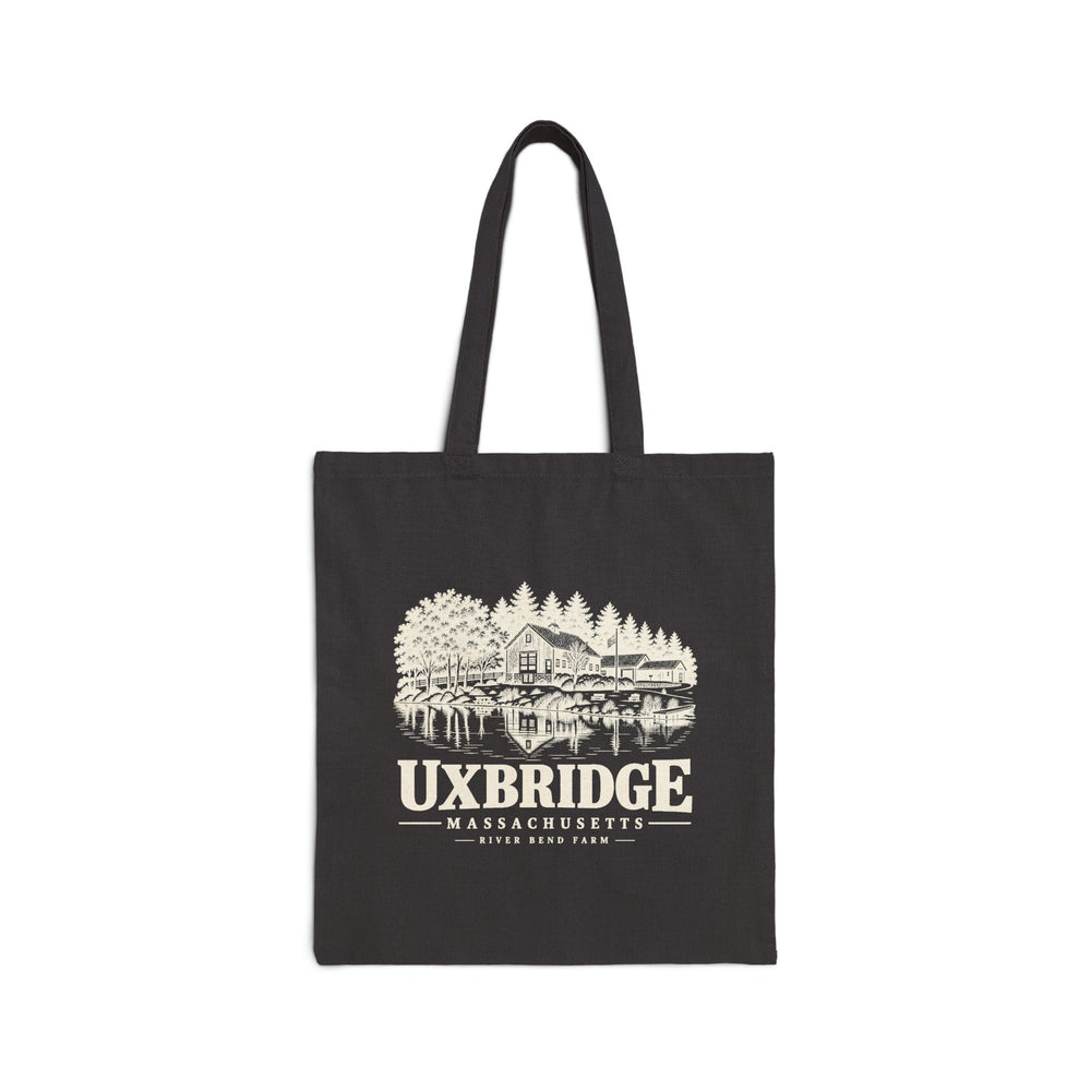 Black canvas tote with Uxbridge River Bend Farm artwork, front view