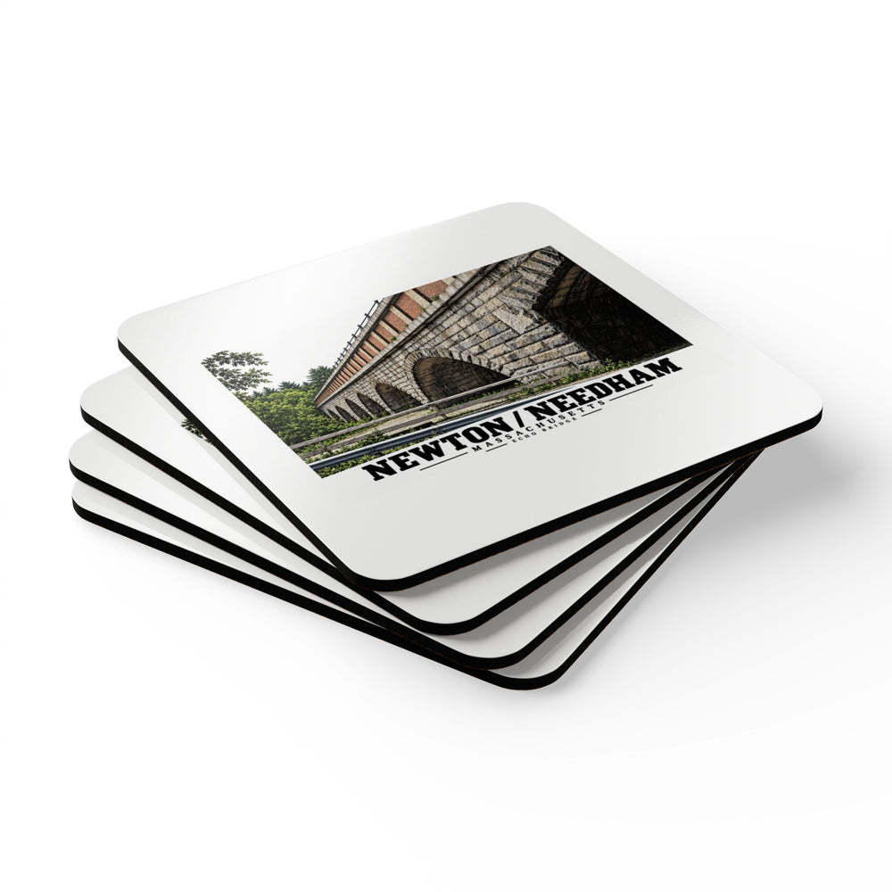 Angled stack of square coasters with Echo Bridge artwork showing a row of stone arches and a brick upper band, with Newton/Needham lettering on the top coaster.