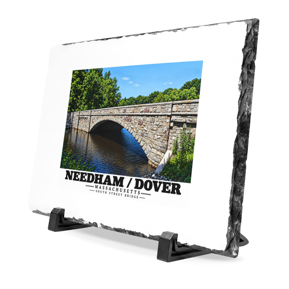 Angled rough-edged slate display on black stands showing South Street Bridge stone arch and river artwork