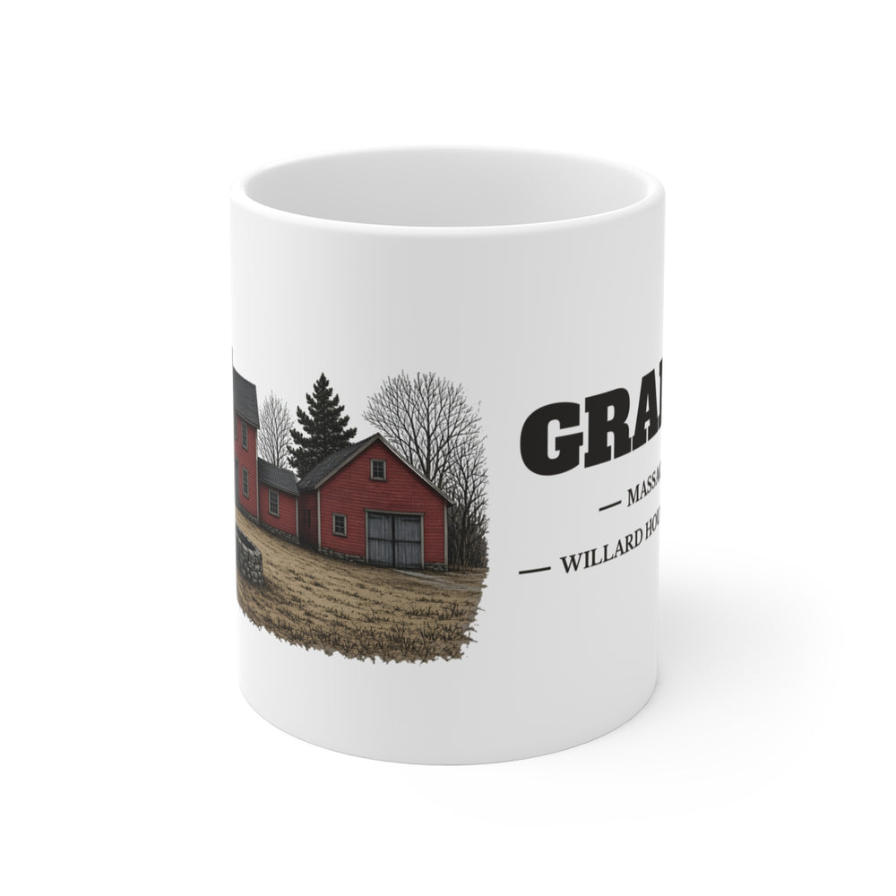 Grafton Willard House / Clock Shop 11 oz ceramic mug — artwork view, handle left — Familiar History